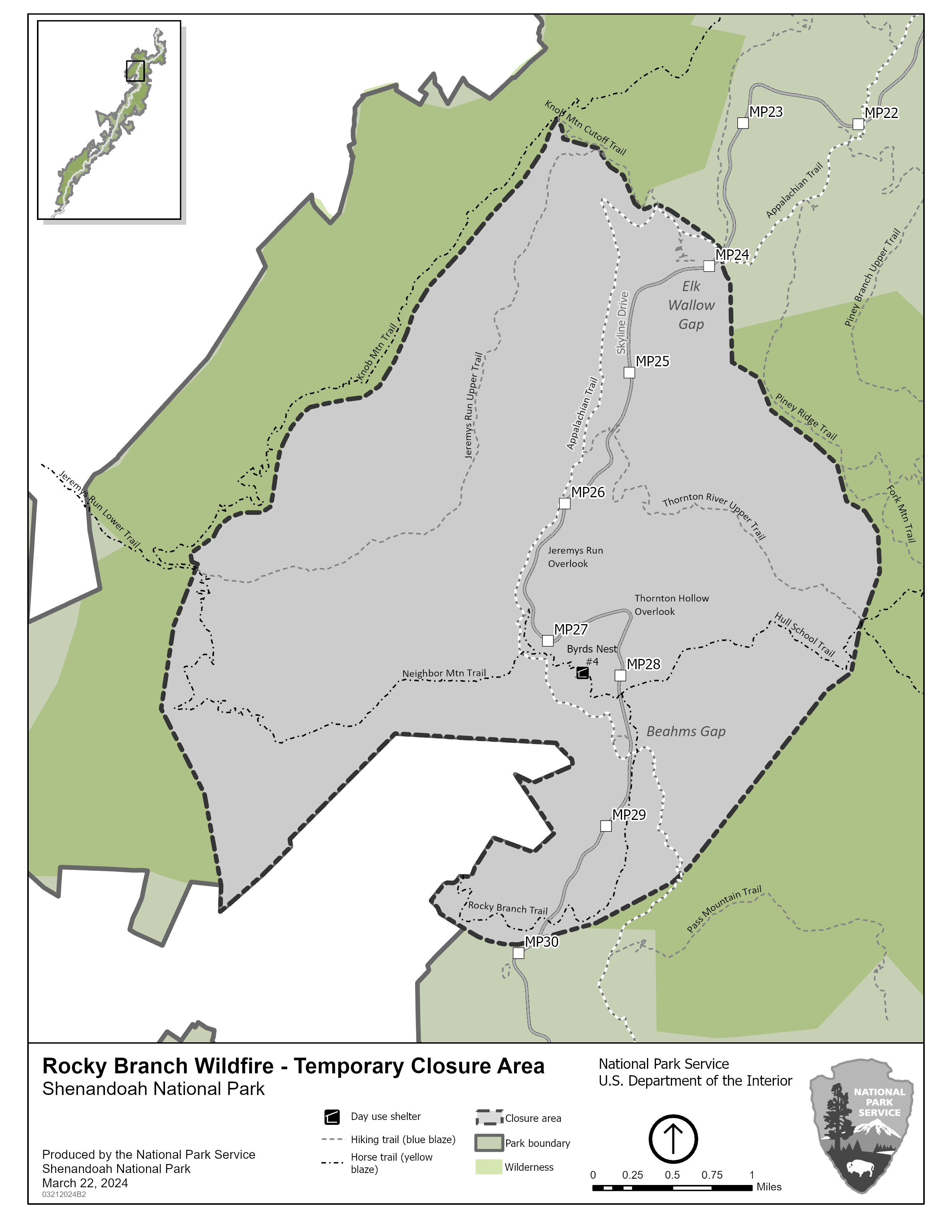 Map of closures for Shenandoah National Park. Green areas indicate open areas and grey indicate closed.