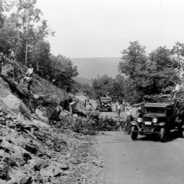 Civilian Conservation Corps workers clear a bank during the construction of Skyline Drive. Civilian Conservation Corps workers clear a bank during the construction of Skyline Drive.