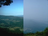 Split picture showing a good air quality day on the left and a poor air quality day on the right.