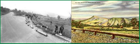 Old Rag View Overlook; under construction and finished in a hand colored postcard.