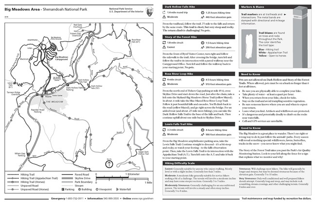 Map of Big Meadows Area with key locations, roads, and trails noted.