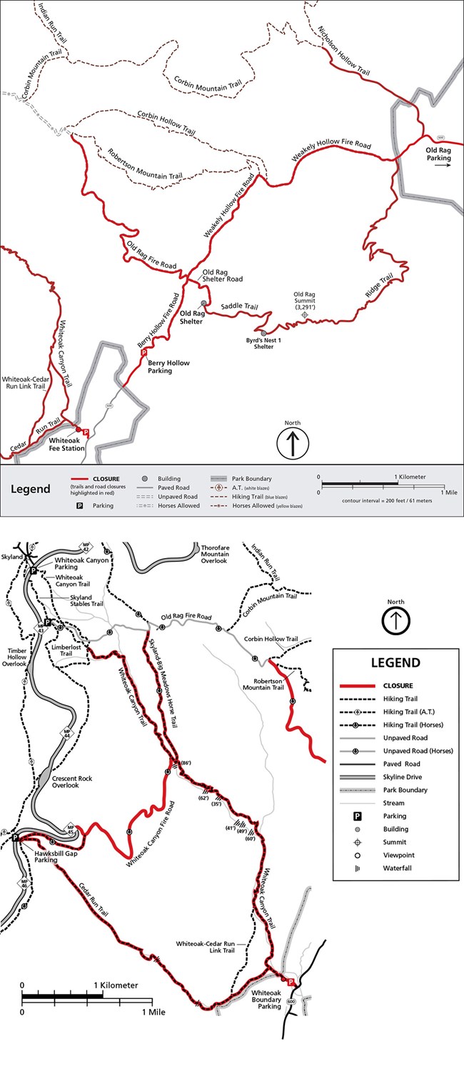Maps of Old Rag, Whiteoak Trails showing closures due to COVID-19