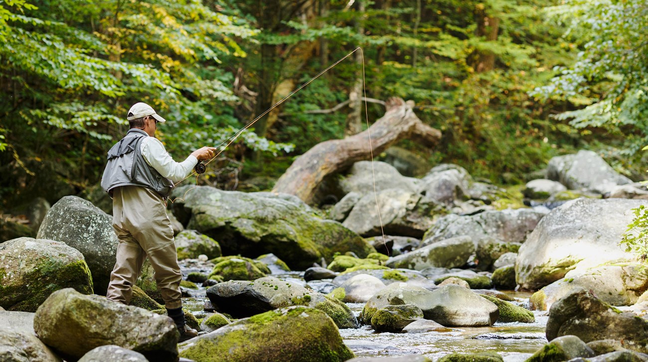 A man standing on a rocky river with a fishing rod in the forest.