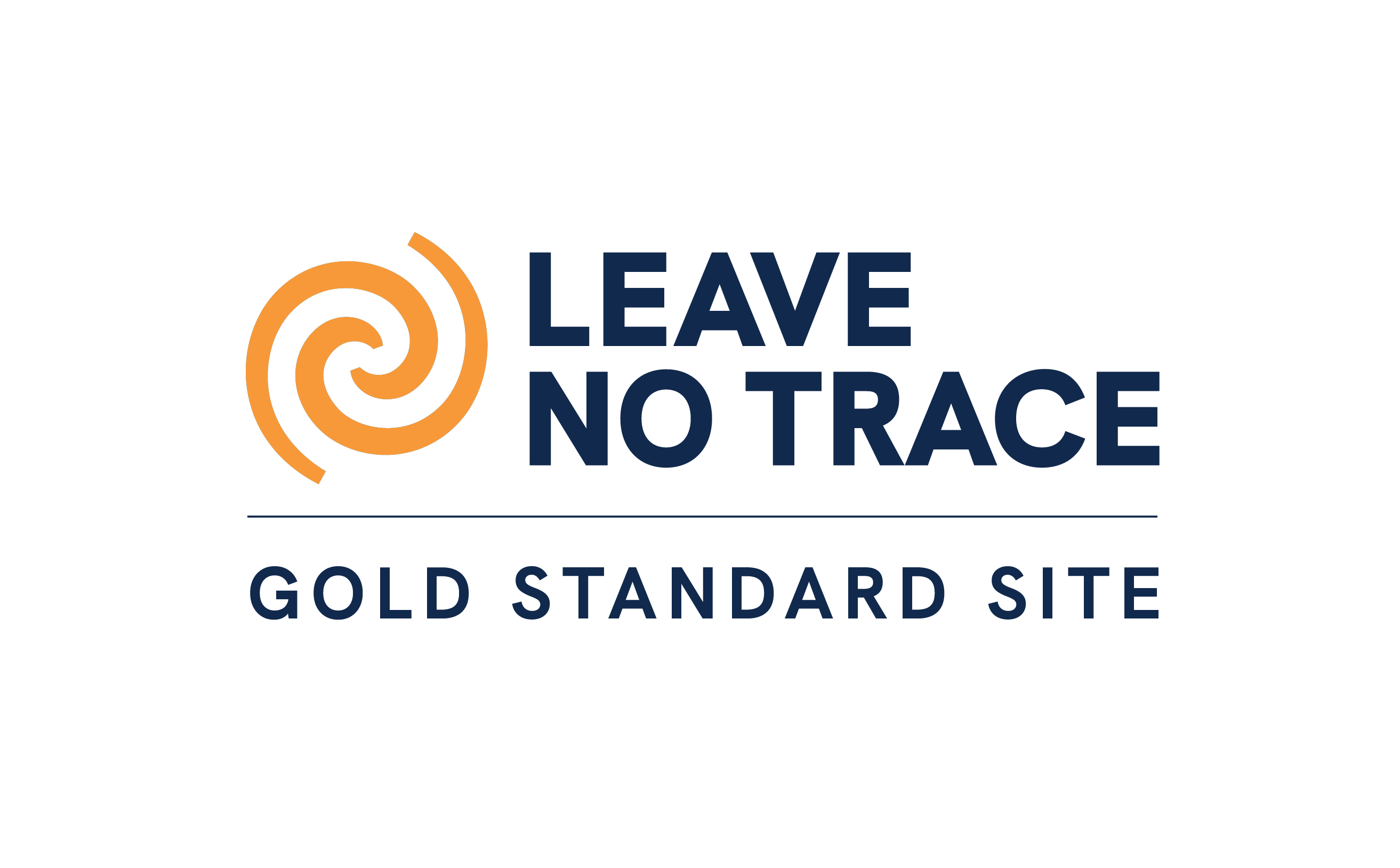 An orange swirl logo with the words Leave No Trace Gold Standard Site in blue