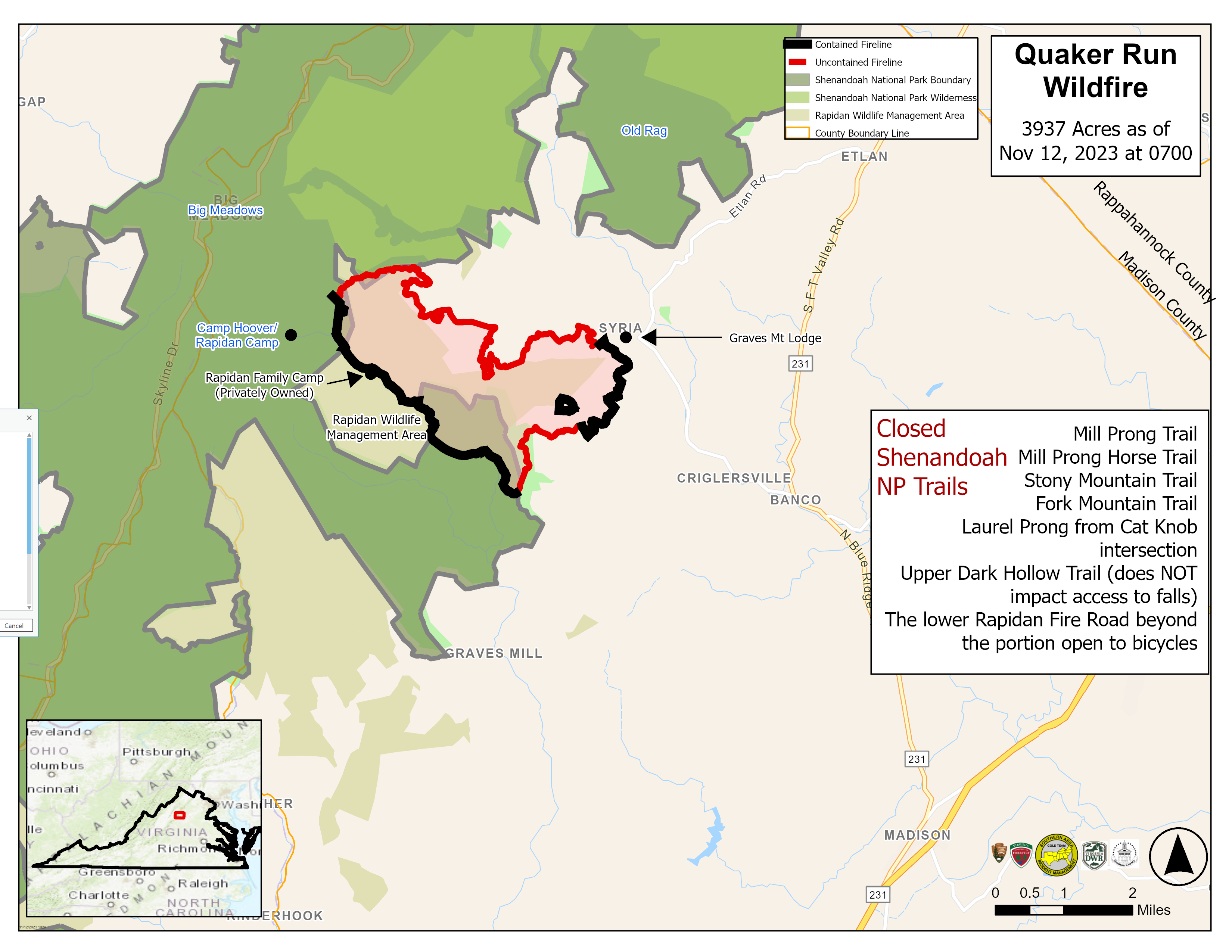 Map of Quaker Run Fire perimeter showing 41% containment.