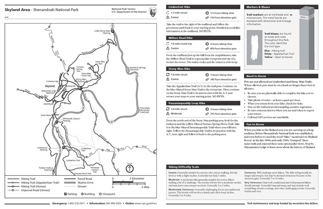 Map of the Skyland area including notable roads and trails.