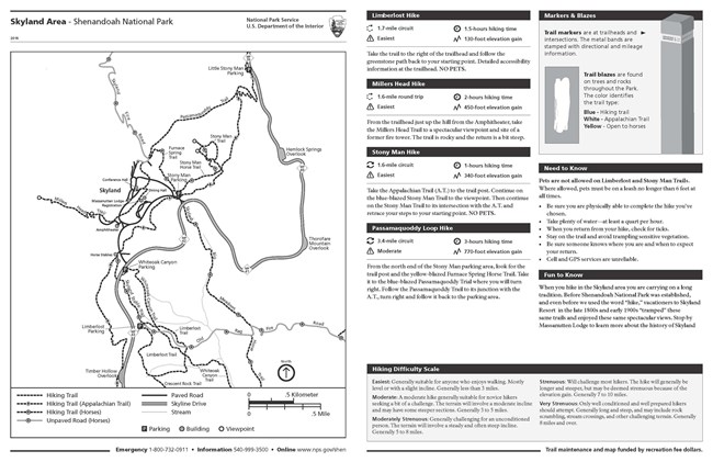 Click to download the trail map Map of the Skyland area including notable roads and trails.