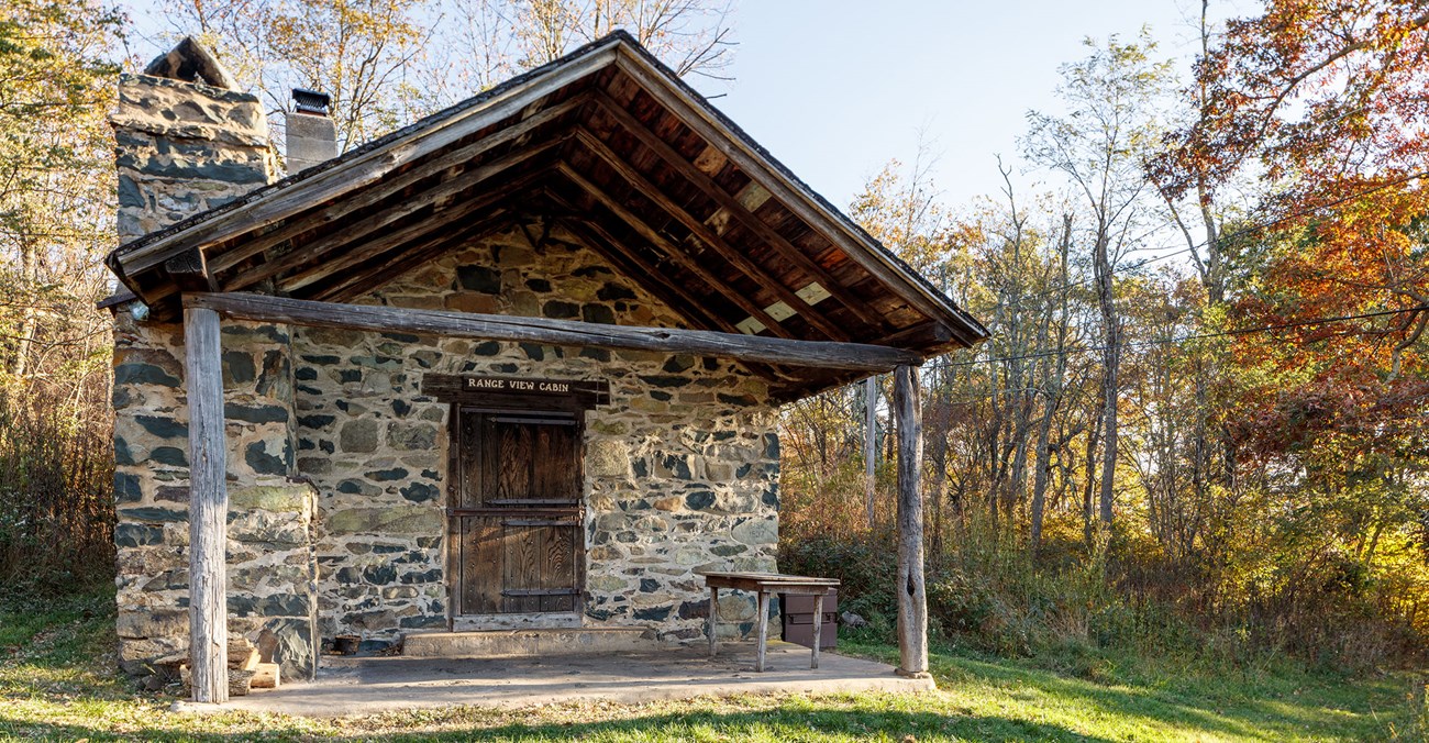 A rustic cabin surrounded by blooming trees in the woods.