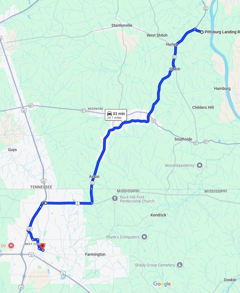 Map of route from Shiloh to Corinth