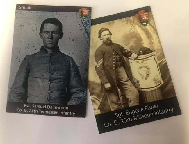 Two trading cards depicting Civil War soldiers