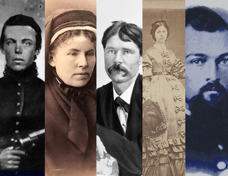 A collage of historical photographs featuring five characters from the Shiloh Living Bus History Tour.