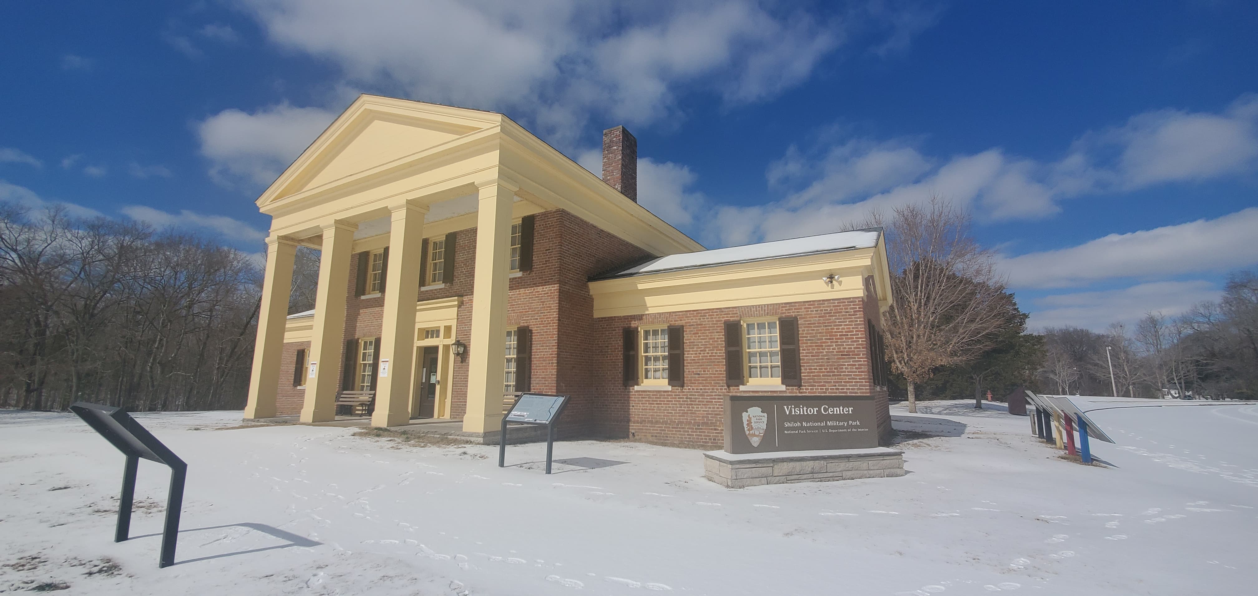 Snow VC Shiloh visitor center in snow