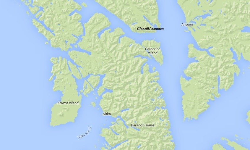 A map depicting the location of Chaatlk'aanoow in relation to Sitka.