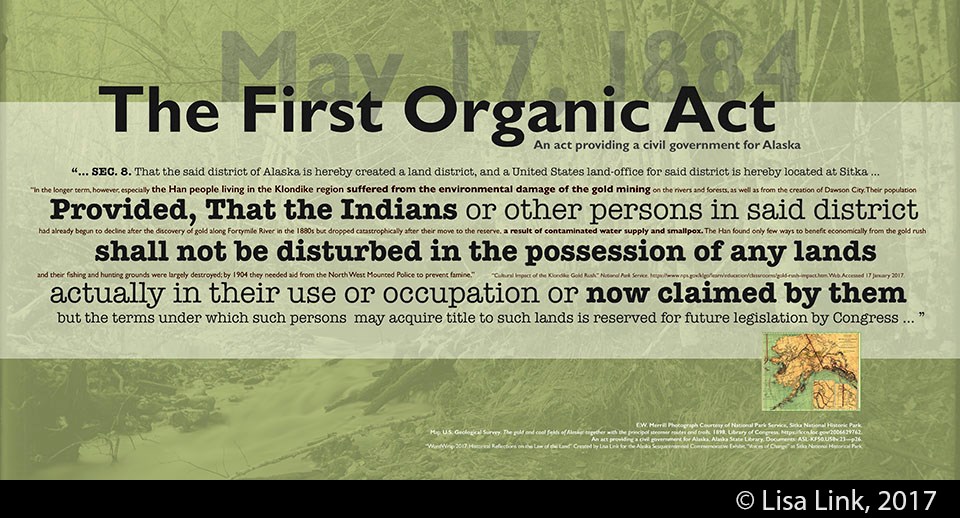Green digital print with black text from the May 17, 1884, The First Organic Act.