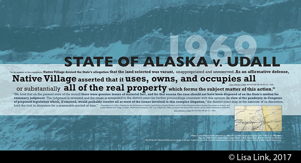 Blue digital print with black text from the 1969 court case, State of Alaska v. Udall.