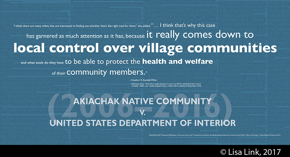 Blue digital print with white text from the 2006-2016 court case, Akiachak Native Community v. United States Dept. of Interior.