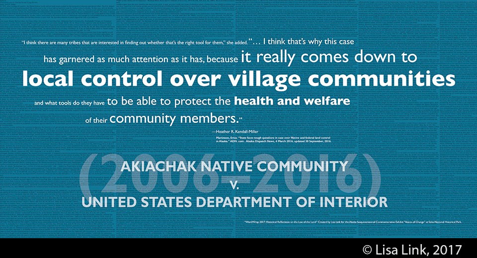 Blue digital print with white text from the 2006-2016 court case, Akiachak Native Community v. United States Dept. of Interior.