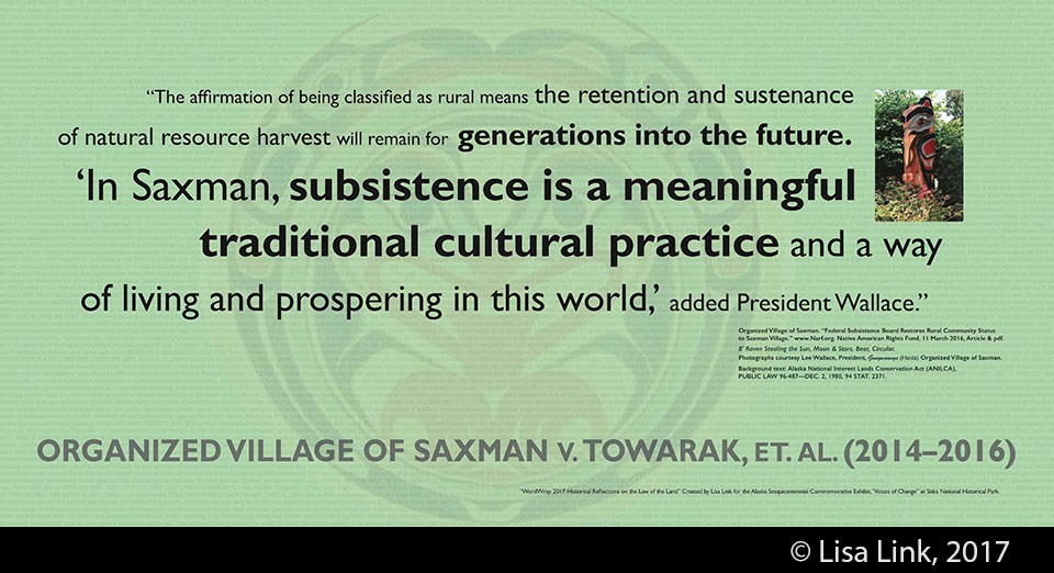 Green digital print with black text from the 2014-2016 court case, Organized Village of Saxman v. Towarak, et. al.