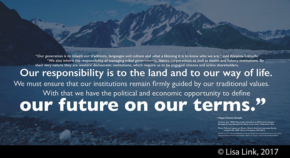 Blue digital print with white text from the 2016 Alaska Federation of Natives keynote speech by Megan Alvanna-Stimpfle.
