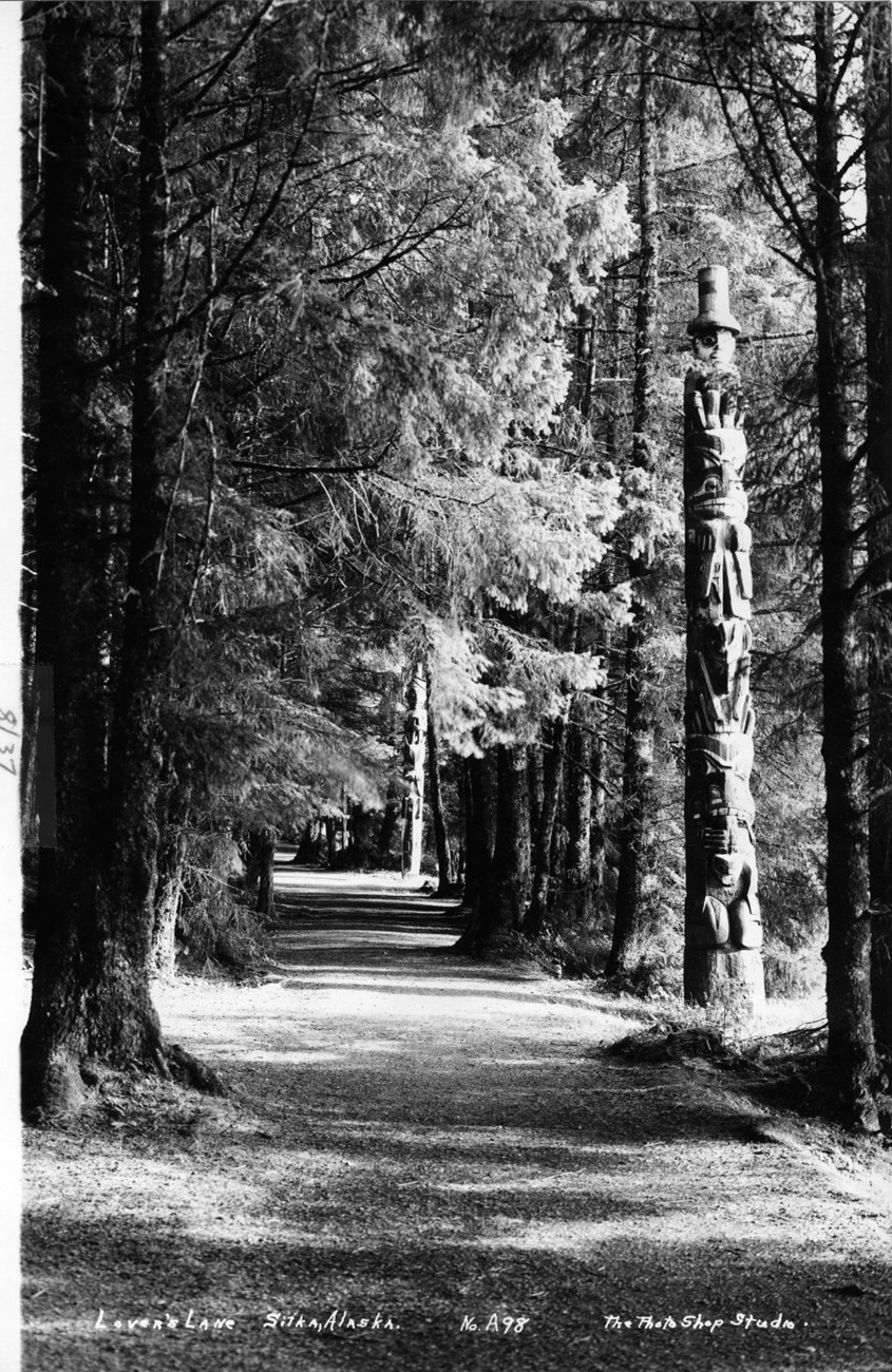 black and white photo of a trail through tall trees with a totem pole on the right side.