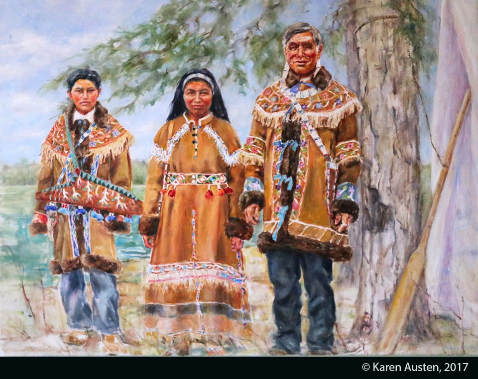 Painting of young Alaska Native girl and boy and older Alaska Native man, all wearing leather clothing with colorful beading and embroidery. Painting of young Alaska Native girl and boy and older Alaska Native man, all wearing leather clothing with colorful beading and embroidery.