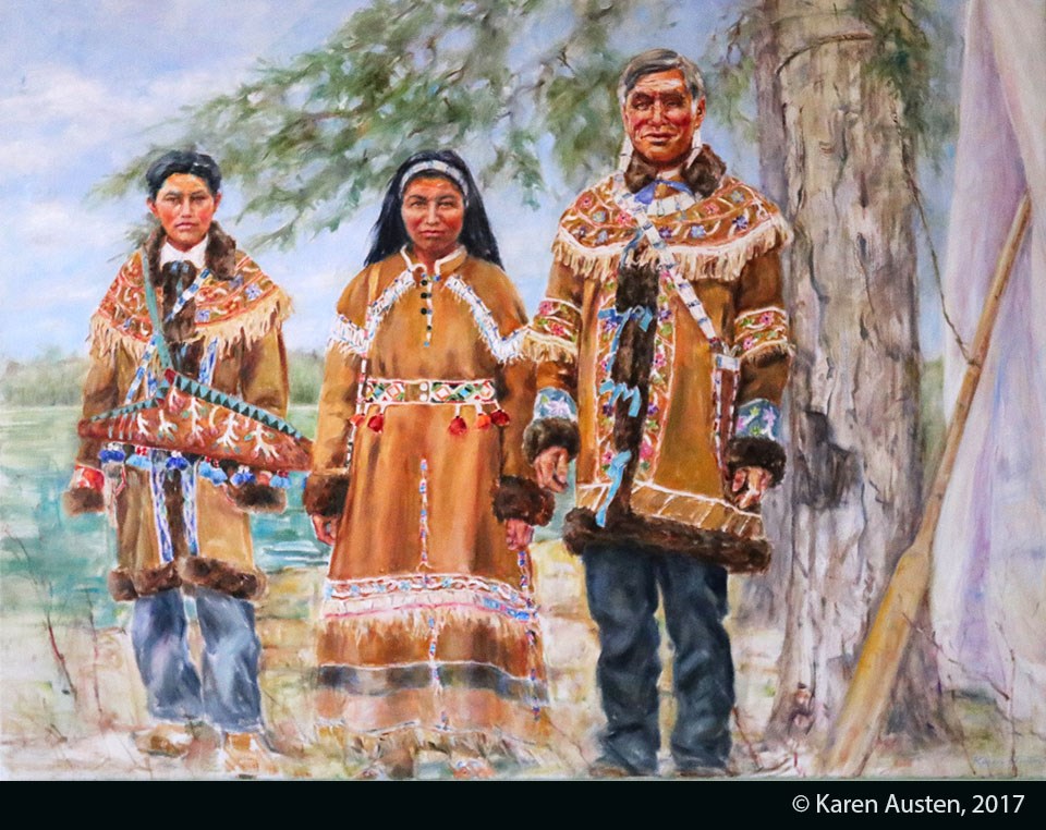 Painting of young Alaska Native girl and boy and older Alaska Native man, all wearing leather clothing with colorful beading and embroidery.
