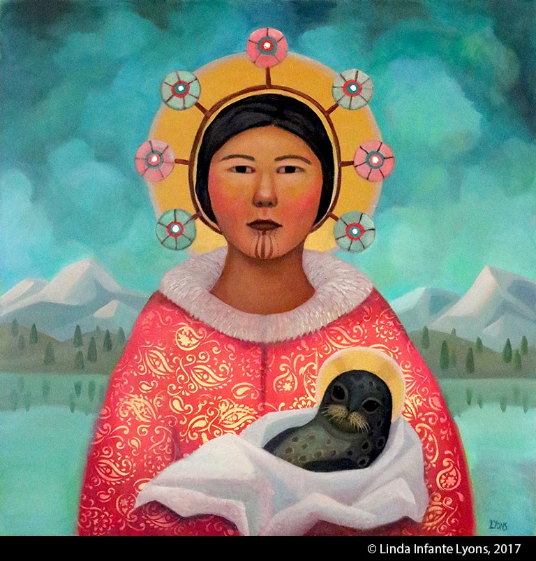 Painting of Alaska Native woman in pink and gold parka holding a baby seal. Both woman and seal have a gold halo like in orthodox religious icons.