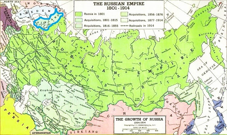 A map of the Russian Empire from 1801 to 1914 with the borders of Finland highlighted.