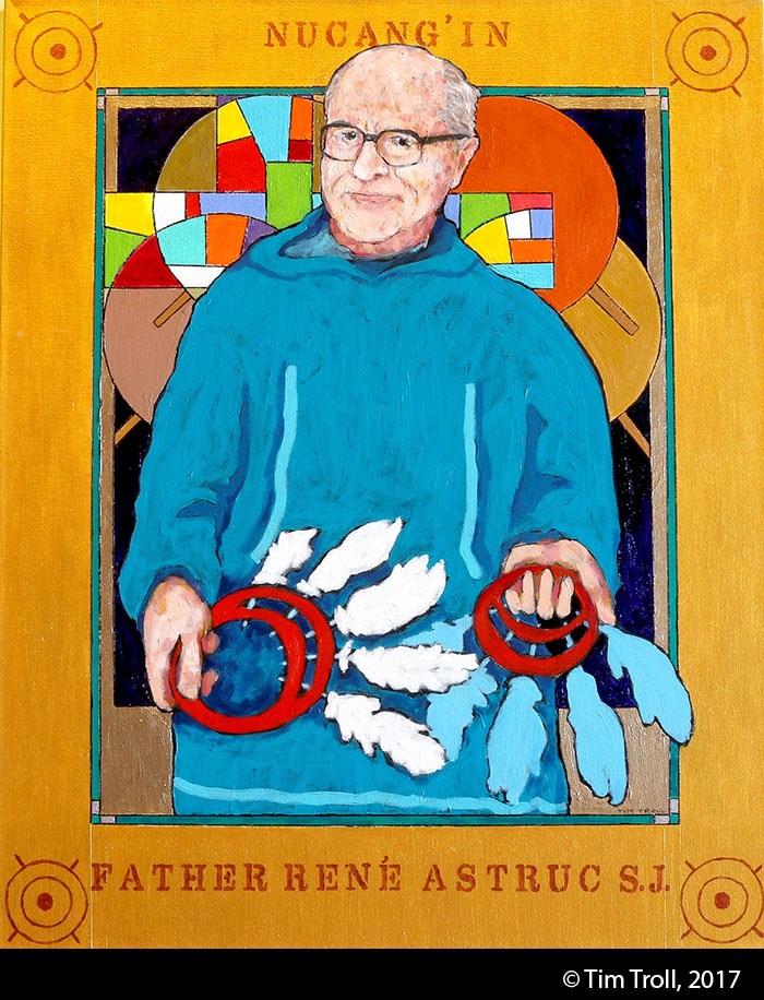 Stylized painting of an elderly white man with glasses wearing a blue parka and holding two feathered dance fans. Gold paint frames the image.
