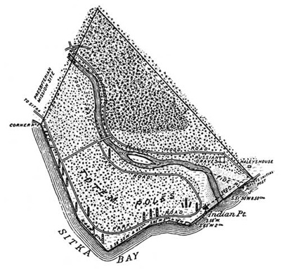 1908 map of the park drawn in ink, with boundary markings and place names like Sitka Bay and tide flats.