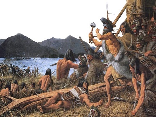 Color illustration showing Native Alaskans engaged in an 1804 battle with Russian soldiers.