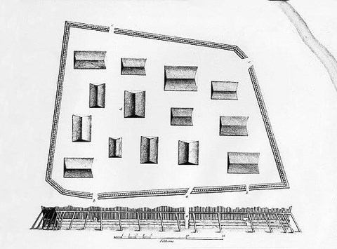 Black and white drawing of a historic Tlingit fort.