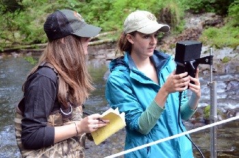 Two female park employees recording measurements from a monitoring device in a stream.