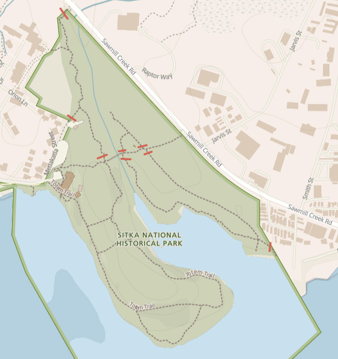 Park trail map. Red lines indicate the locations of temporary closures. Park trail map with closures marked in red.