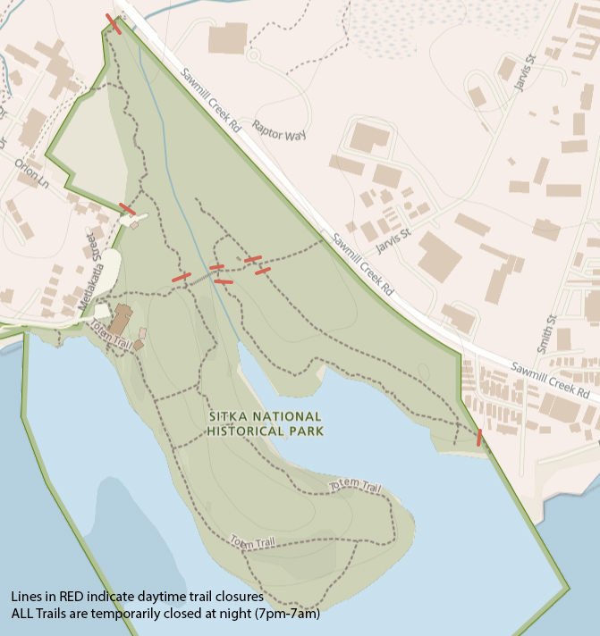 Trail map with red lines indicating where trails are closed.