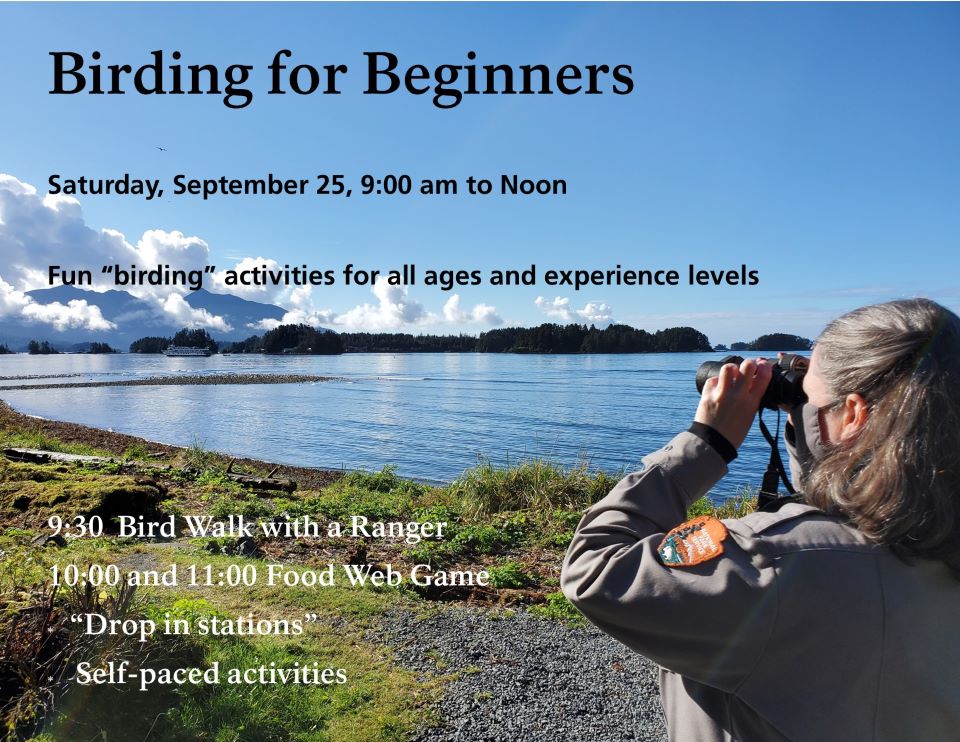 Join us as we celebrate National Public Lands Day! A Park ranger is standing on a seashore and looking through binoculars. In the distance are a forest, blue skies , white clouds, water, a boat and birds.