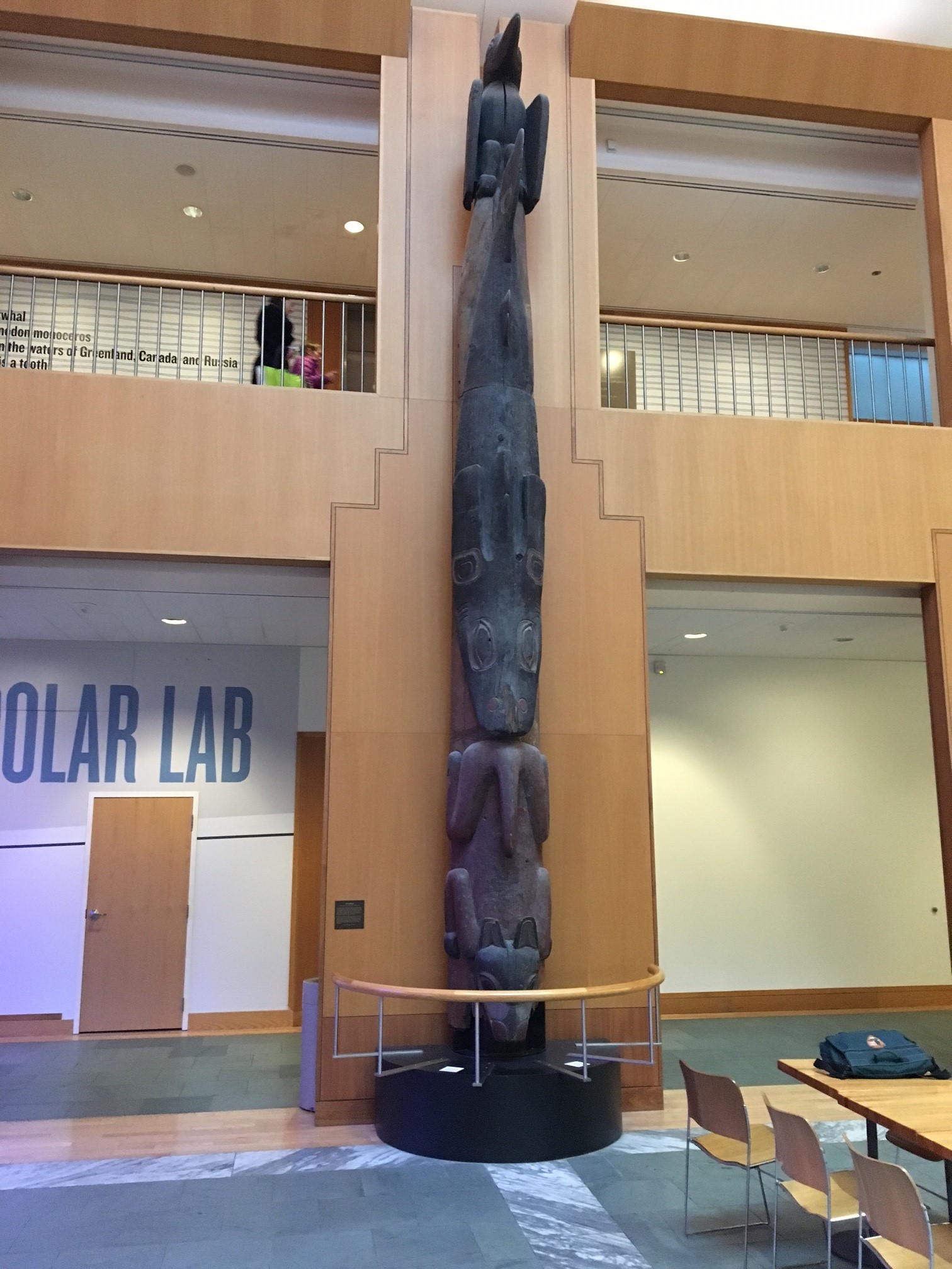 The original Raven/Shark totem pole standing upright against a wooden wall in the Anchorage Museum.