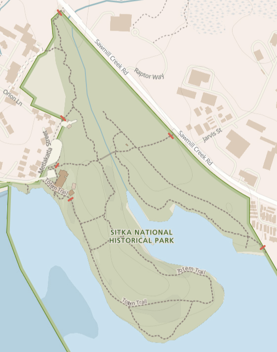 Park trail map with closures marked in red.