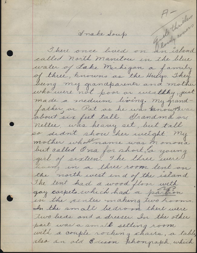 Cursive writing of Elizabeth Robinson on lined piece of paper Story is page text