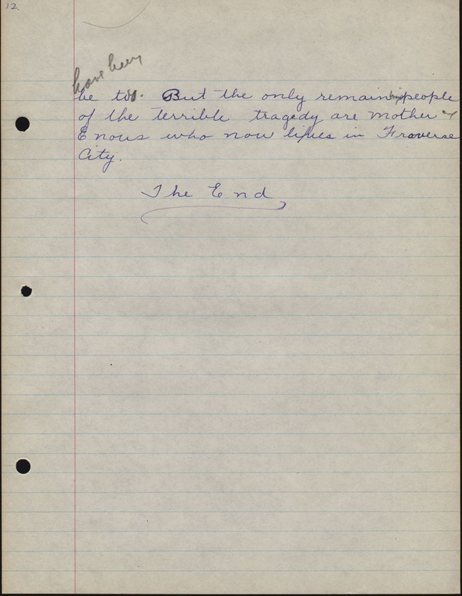 Cursive writing of Elizabeth Robinson on lined piece of paper Story is page text