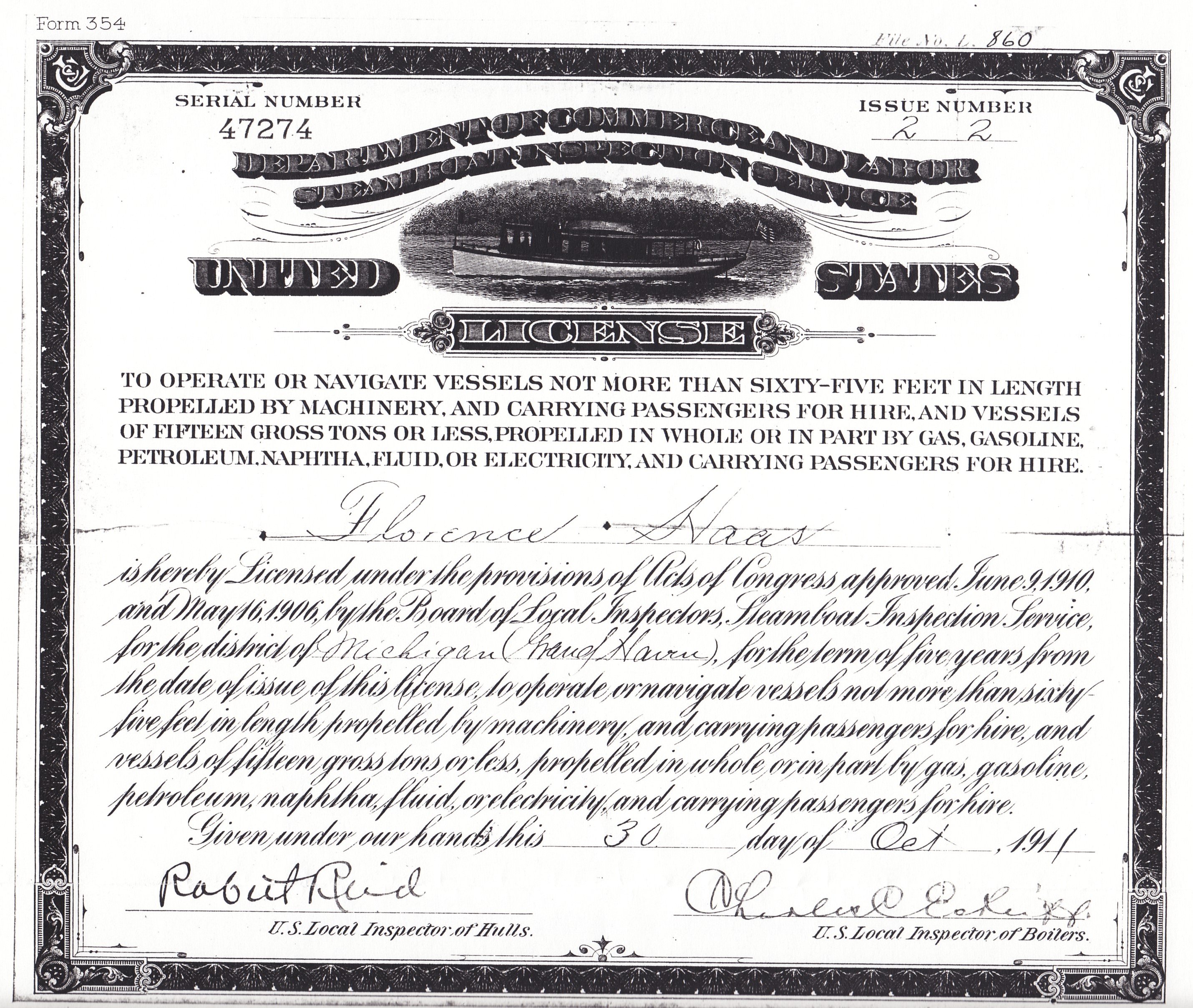 A black and white photocopy of a license for operating a passenger boat. The name on the license is Florence Haas.