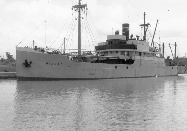 A large steel ship resembling a military vessel.