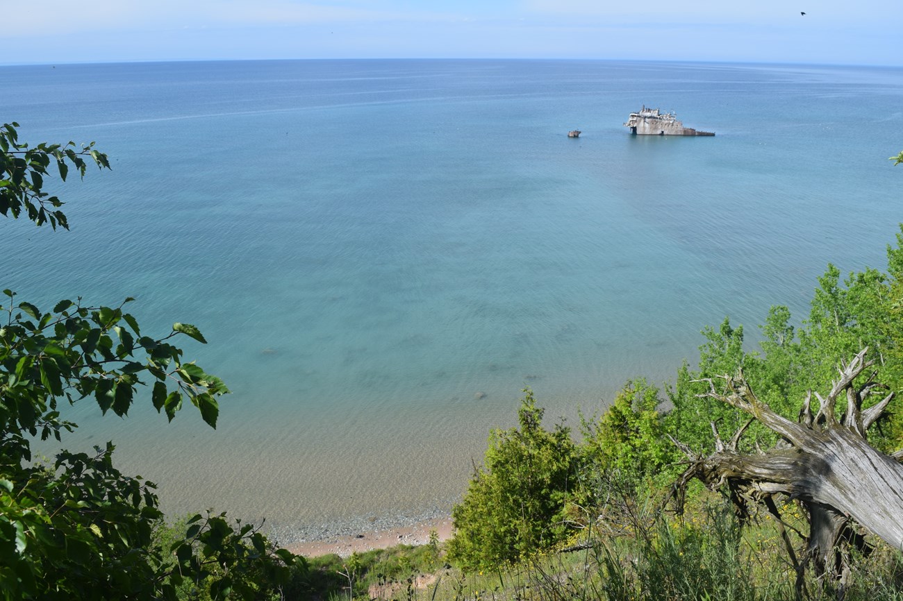 A gray-colored shipwreck is visible above the surface of Lake Michigan. There is a beach and foliage in the foreground.