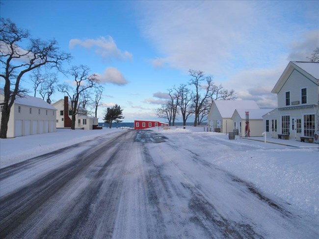 Looking down the main street of Glen Haven during winter