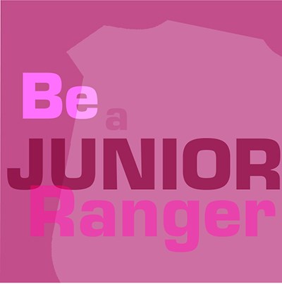Pink square with the words, 'be a junior ranger'