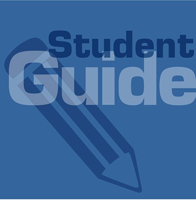 Blue square with the words, 'student guide'