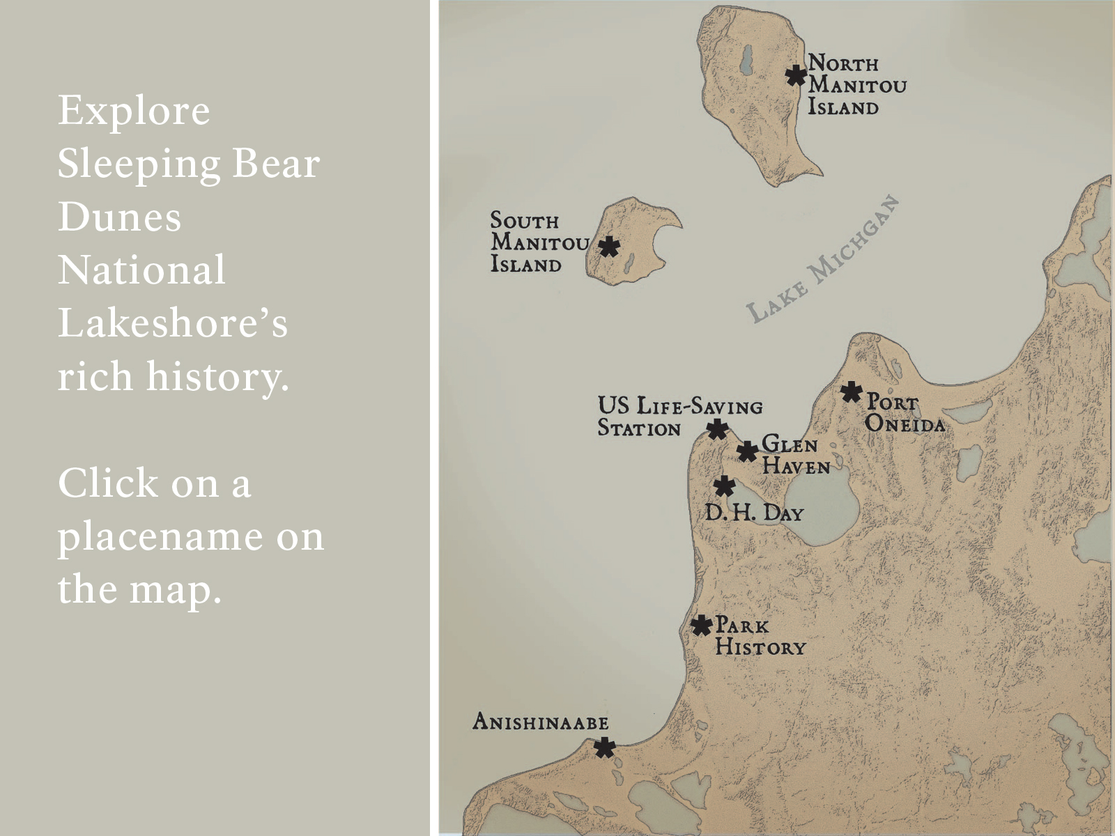 Historic map with areas of historic interest labeled