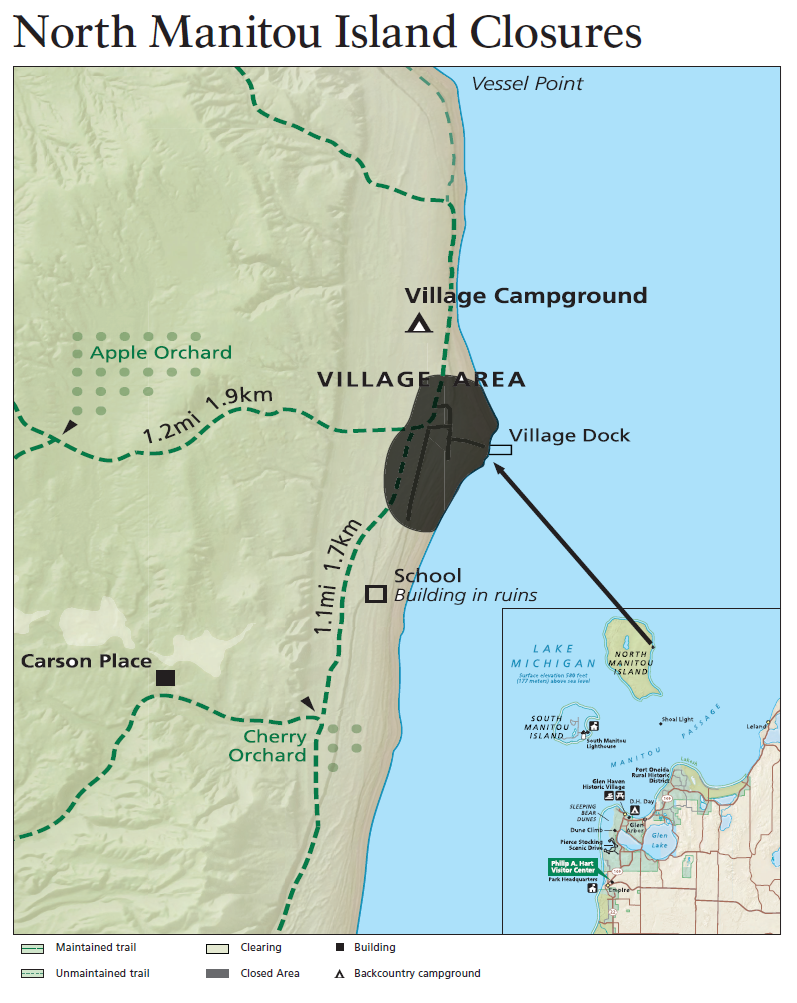 This map shows closure areas and nearby features on the eastern side of North Manitou Island in Lake Michigan within Sleeping Bear Dunes National Lakeshore. North is oriented at the top. Full description below.