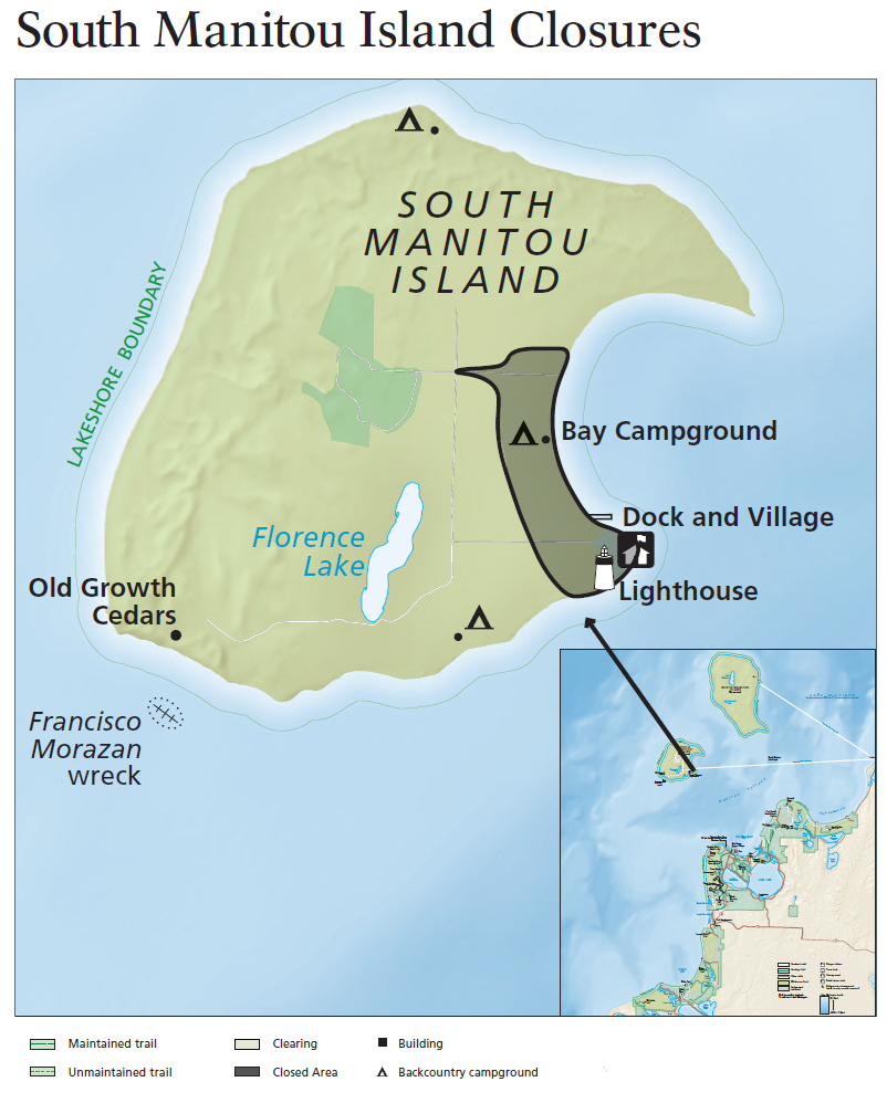 Accessible Alt Text – South Manitou Island Closures Map (North Up)  This map shows South Manitou Island in Lake Michigan within Sleeping Bear Dunes National Lakeshore, highlighting a closure area and major landmarks. Full alt text below.