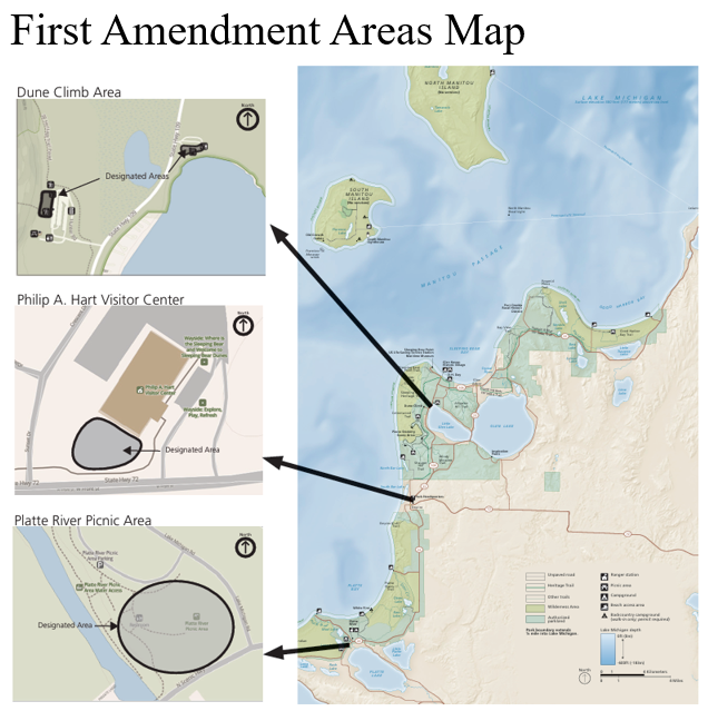 This figure shows a regional map of Sleeping Bear Dunes National Lakeshore in northwestern Michigan with three inset maps highlighting specific designated areas. North is oriented at the top.  Full alt text below.